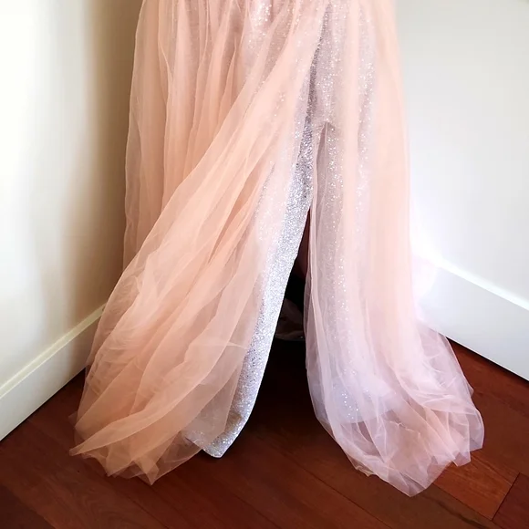🎉HP🎉NWT Custom Pink/silver sequin tulle slit one-shoulder evening gown 10-12
